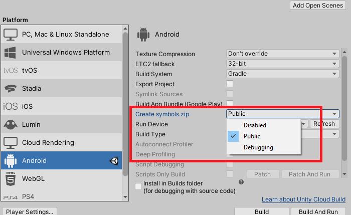 Enabling one of the Android symbols packages