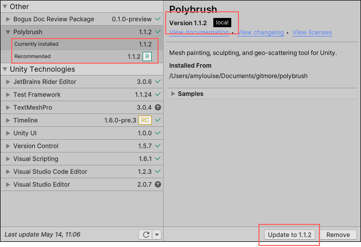 Local packages might display the same version as both Currently Installed and Recommended for update