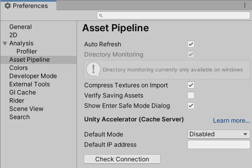 Asset Pipeline scope on the Preferences window