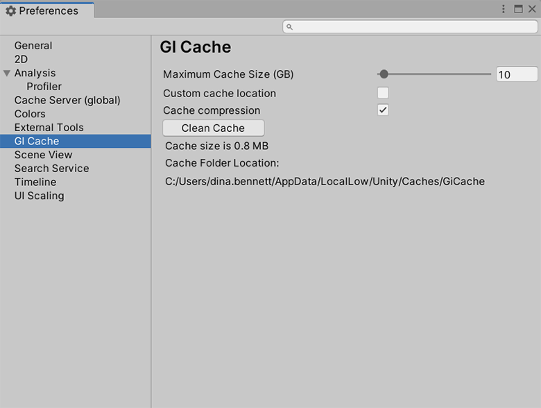 Preferences 窗口中的 GI Cache 范围