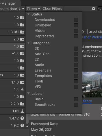 Filters for Asset Store packages