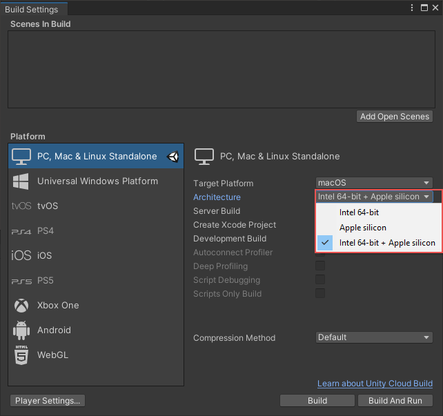 The Build Settings window showing the options in the Architecture drop-down.