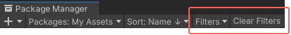The Filters drop-down menu and the Clear Filters button allow you to narrow down which Asset Store packages appear in the list