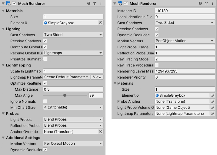 处于正常模式（左）和调试模式（右）的 Mesh Renderer 组件