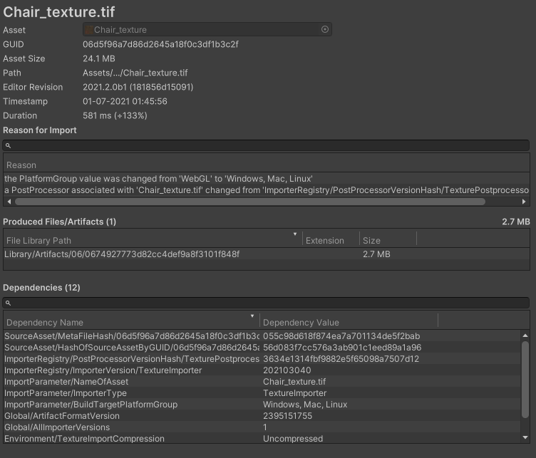 The asset information panel showing the information relating to a texture asset.