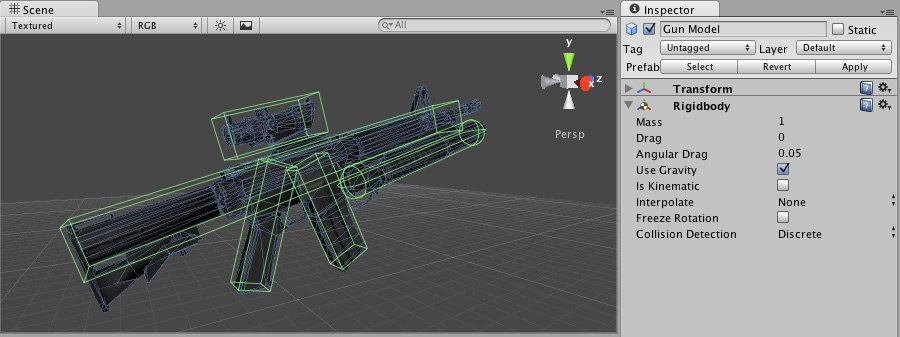 A compound collider setup on a gun model. Five colliders make up an approximation of the model’s shape.