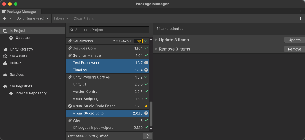 The Package Manager window with a selection of multiple packages, which you can remove or update with one click