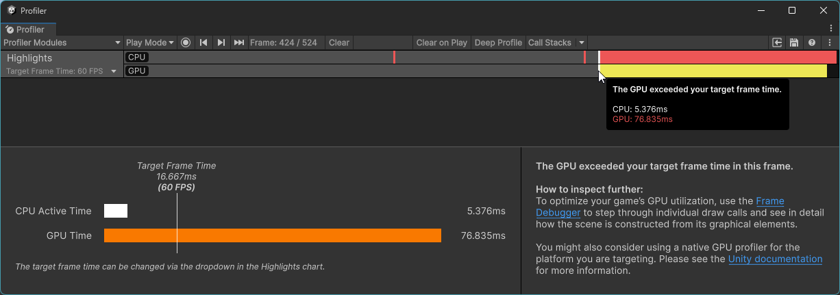 The Highlights Profiler module displaying that the current frame is CPU bound, specifically on the Render Thread.