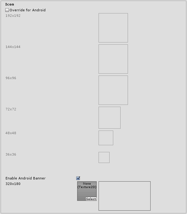 The Icon section of the Android PlayerSettings window