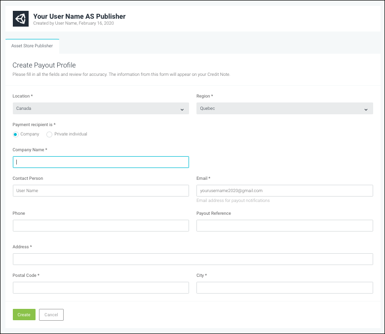 在 Create Payout Profile 页面上创建公司帐户