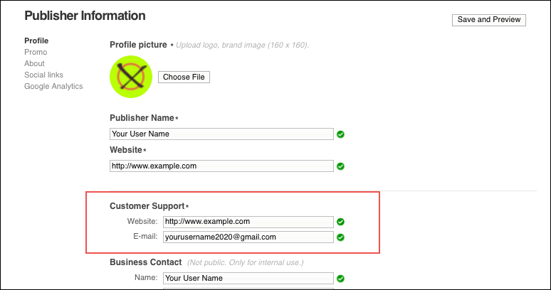 Customer Support 部分位于 Info 标签上的 Publisher Name 和 Business Contact 部分之间