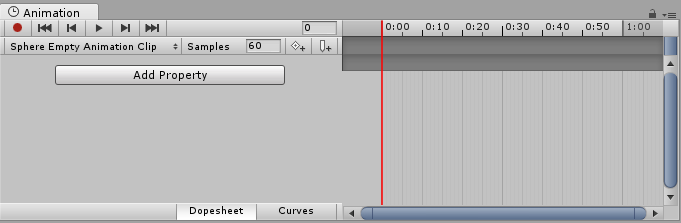 The Animation view displaying an empty clip. No properties are shown on the left yet.