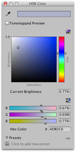 La ventana del selector de color HDR (que se muestra al hacer clic en la propiedad de color de emisión en el sombreador estándar o si utiliza el atributo de uso de color en un color de su script))