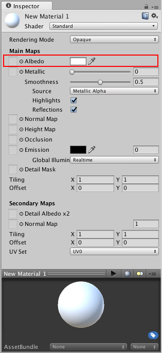 Un Standard Shader material con parámetros predeterminados y sin valores o texturas asignados. El parámetro Albedo Color está resaltado.