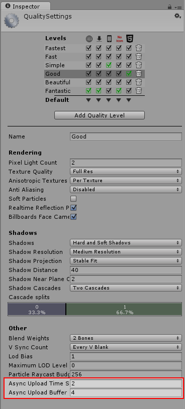 Las configuraciones de la subida asincrónica en el panel de los Quality Settings