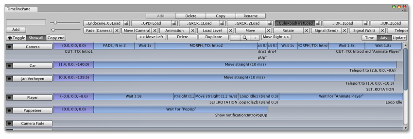 Interfaz del editor personalizado por Serious Games Interactive utilizado para acciones de escena scripting