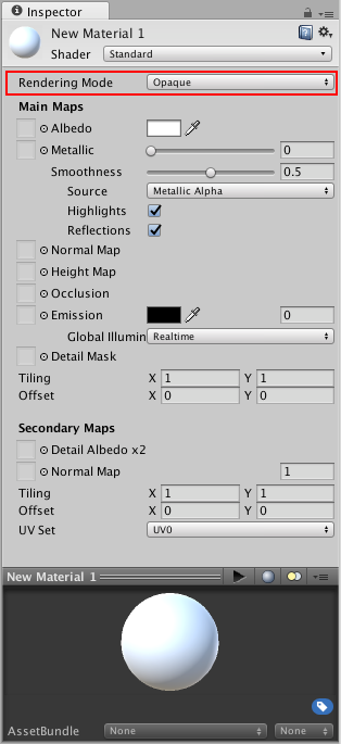 Un material del Standard Shader con parámetros predeterminados y sin valores o texturas asignadas. El parámetro Rendering Mode está resaltado.