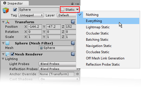 La casilla de verificación Static y el menú desplegable, como se ve al ver un GameObject en el Inspector