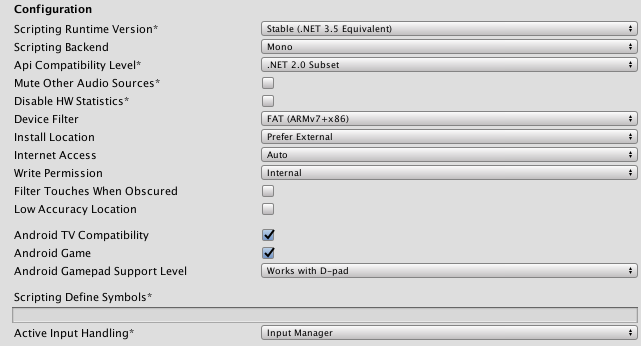 The Configuration section of the Android PlayerSettings window