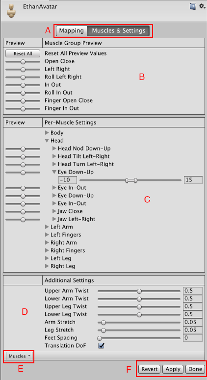 The Muscles &amp; Settings tab in the Avatar window