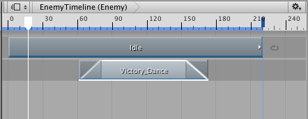 El clip de Animación en la primera pista es un ciclo inactivo repetido donde el GameObject humanoide se queda quieto. El clip de animación en la segunda pista se ease-in en el movimiento de Victory_Dance y ease-out para volver al ciclo de inactividad..