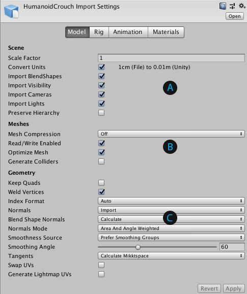 Import settings for the Model