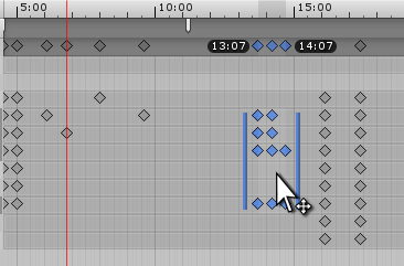 Dragging a selection of keys. Note the start and end times of the selection displayed under the top timeline bar.
