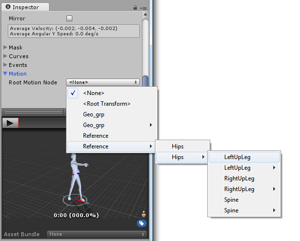 Recorrido de la jerarquía de objetos para seleccionar un root motion node