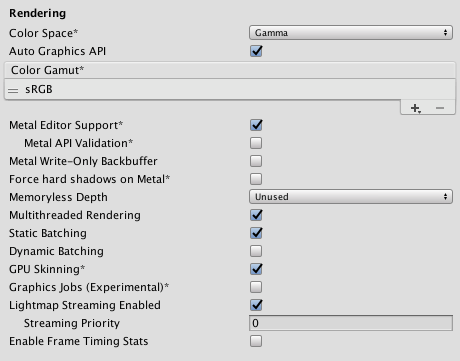 Rendering Player settings for iOS platforms