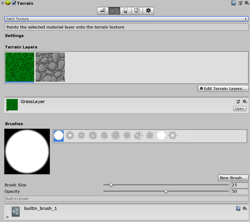 Paint Texture tool in the Terrain Inspector