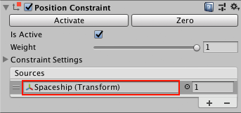 A Position Constraint for a crosshair. The crosshair follows the player’s spaceship (red).