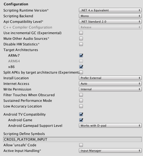 Configuration settings for the Android platform