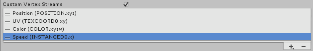 The custom vertex streams shown in the Renderer module UI, showing some instanced and some non-instanced streams