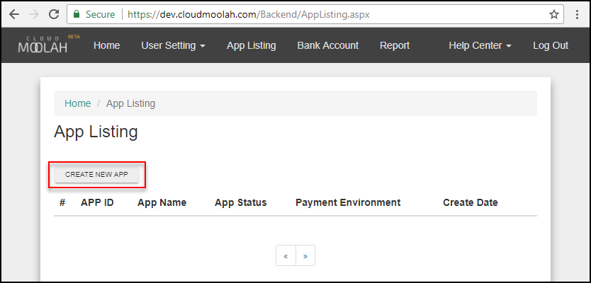 CloudMoolah create new app button