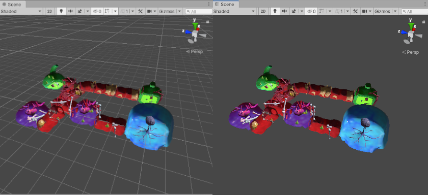 Left: Scene view grid is enabled. Right: Scene view grid is disabled.