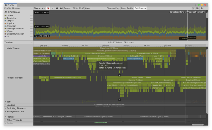 CPU Usage module in Timeline view, with a selected item