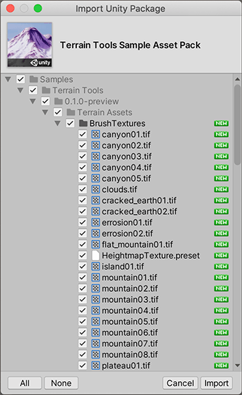 New install Import Unity Package dialog box