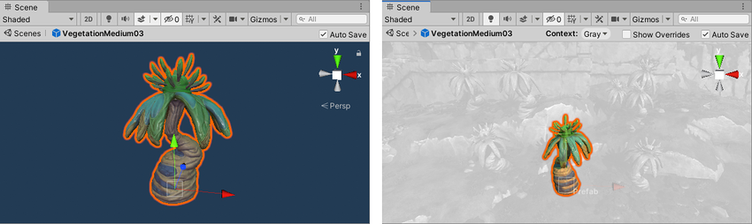 Left: editing a Prefab in isolation. Right: editing a *Prefab in context.