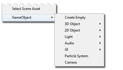 El sub-menu GameObject en el menú de barra divisor de la escena