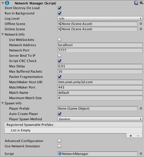 The Network Manager component in the Inspector window