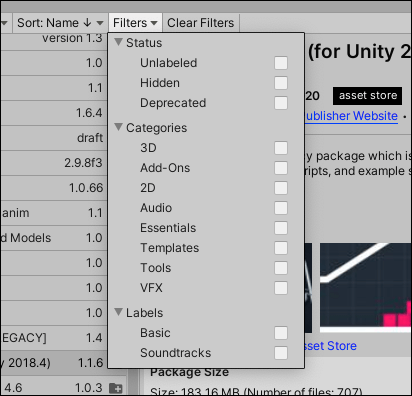 Filters for Asset Store packages
