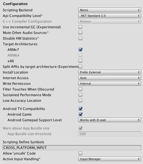 Configuration settings for the Android platform