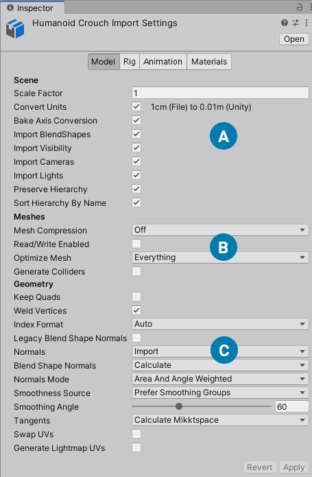 Import settings for the Model