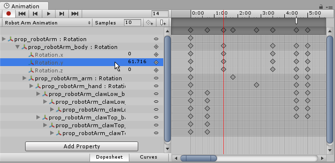 Una propiedad desdoblada en la Animation View, permitiéndole el valor del keyframe ser ingresado en él directamente. En esta imagen, un valor interpolado es mostrado ya que la cabeza de playback (la linea roja) está entre keyframes. Ingresar un nuevo valor en este mundo va a crear un nuevo keyframe.