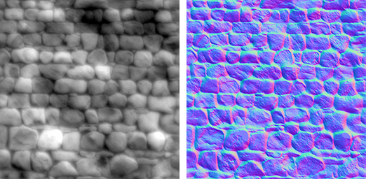 En la izquierda, un height map para hacerle bump mapping a una pared de piedras. En la derecha, un normal map para hacerle bump mapping a una pared de piedras..