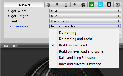 Las opciones de Load Behaviour en el inspector para un material de Substance