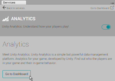 El botón Go To Dashboard en la sección de Analytics de la ventana de Servicios