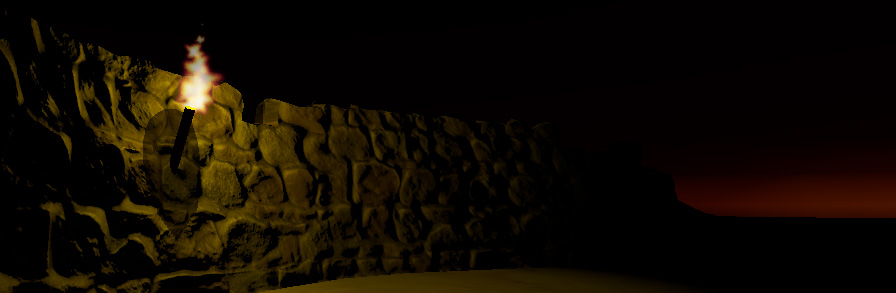 La misma pared de piedra bumpmapped, en un escenario de iluminación diferente. Una antorcha con luz point ilumina las piedras. Cada pixel de la pared de piedra se prende de acuerdo a cómo la luz golpea el ángulo del modelo base (el polígono), ajustado por los vectores en los normal maps. Por lo tanto los pixeles que encaran la luz son más brillantes, y los pixeles que dan la espalda a la luz son más oscuros, o en una sombra.