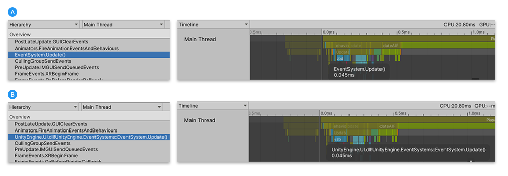 A: Scripting methods in the Hierarchy view and Timeline view without Show Full Scripting Method Names enabled<br/> B: Scripting methods in the Hierarchy view and Timeline view with Show Full Scripting Method Names enabled