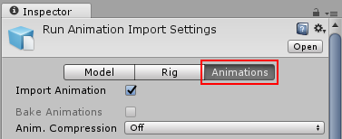 アニメーションファイルの Import Settings の Animations セクション